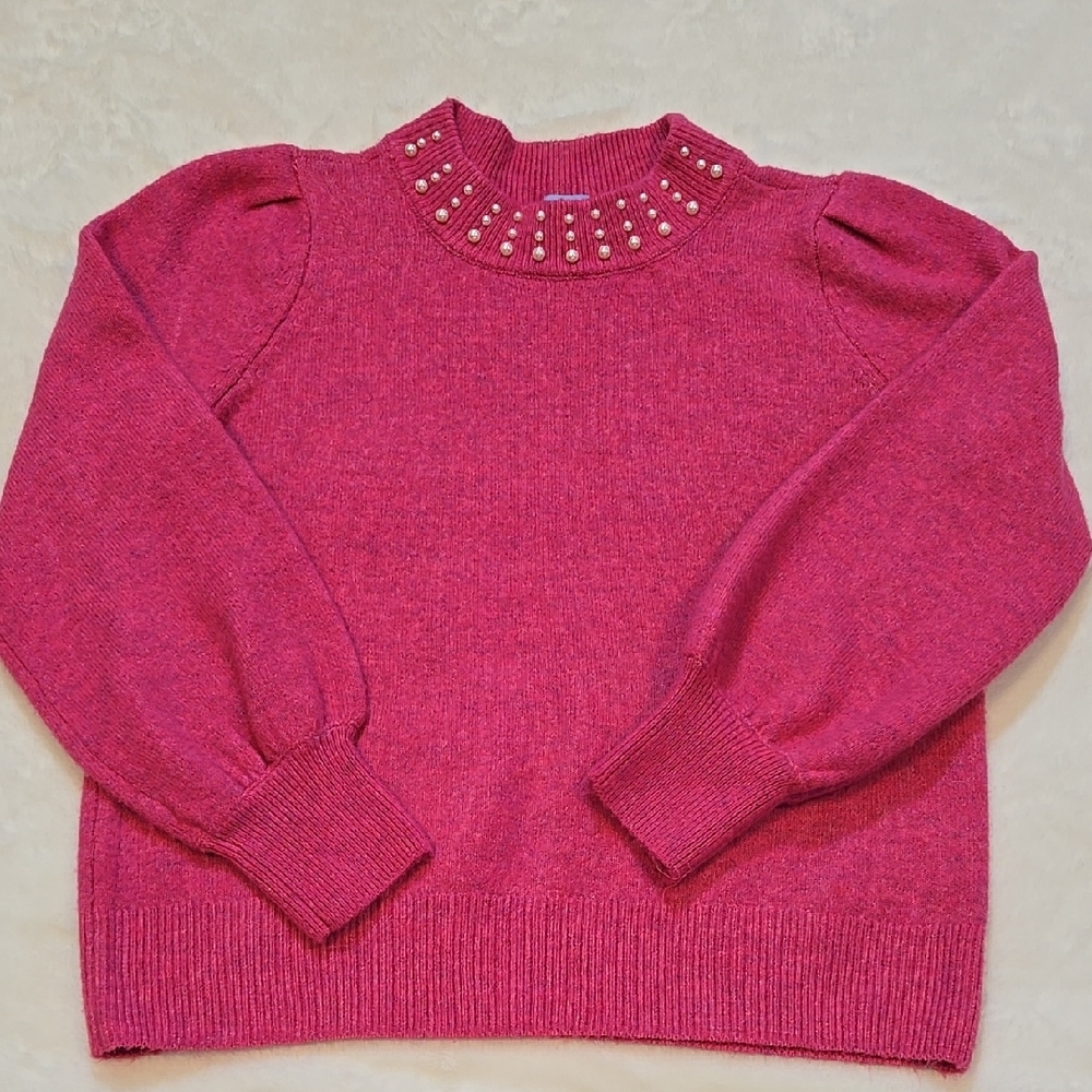 New CeCe Pink Crew Neck Sweater Pearl Embellishments Size Large